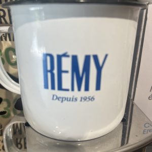 Tasse email blanche Remy en bleu