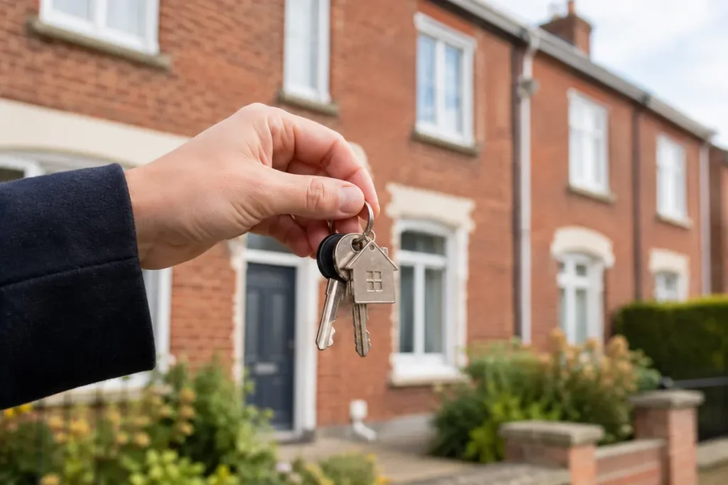 Agence immobilière – remise des clés devant une maison en briques