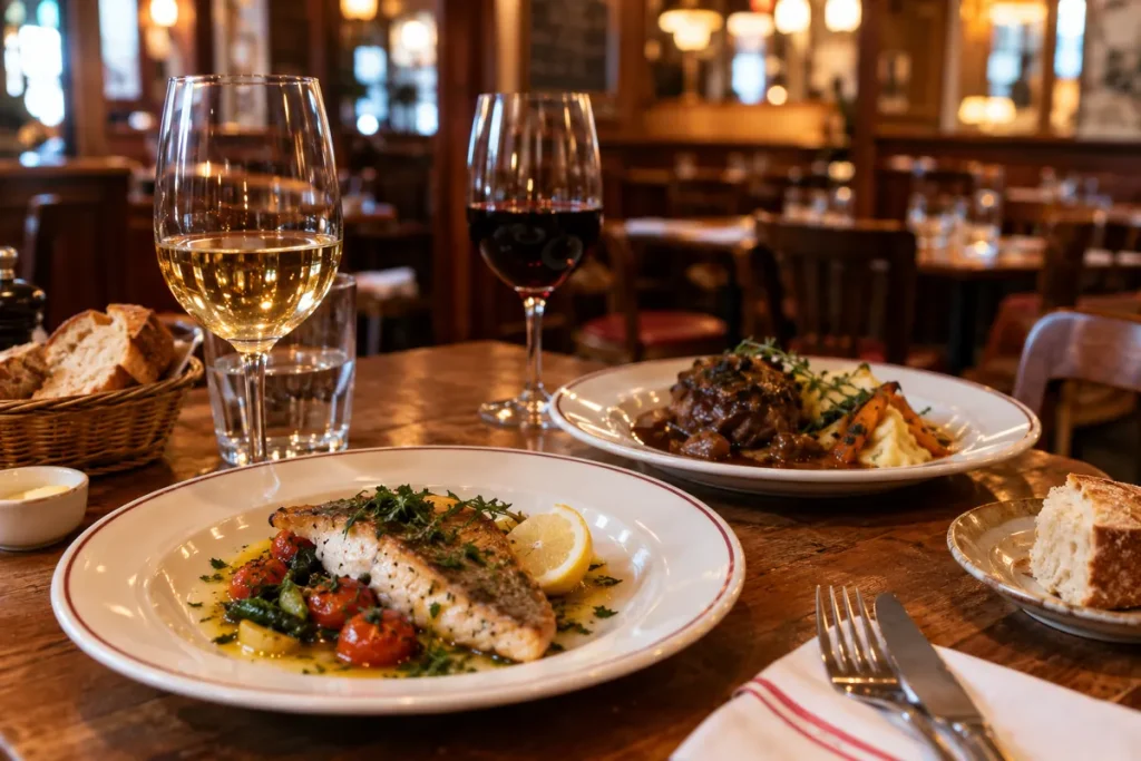 Restaurant – plats de brasserie et verres de vin