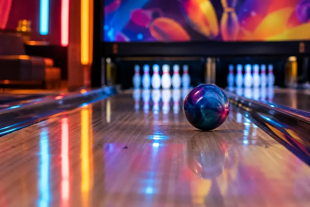 Bowling – boule sur la piste face aux quilles