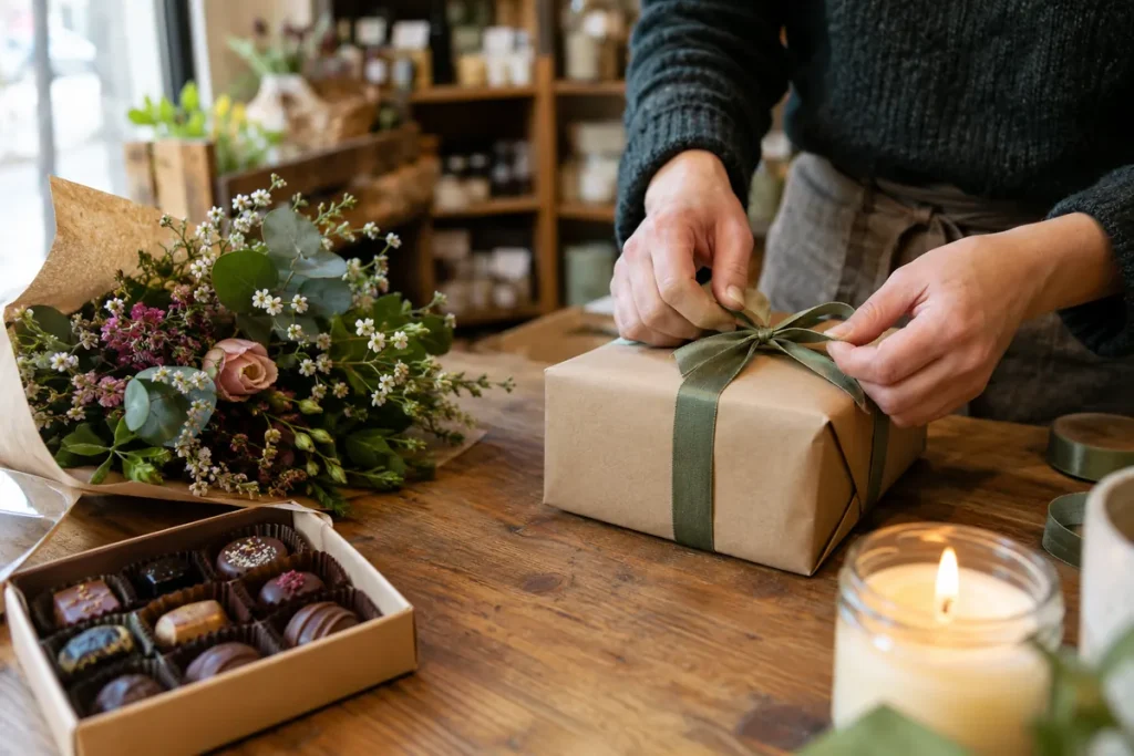 Idées cadeaux – paquet cadeau, bouquet et chocolats