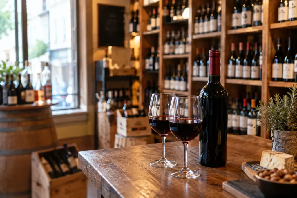 Caviste – bouteille de vin rouge et verres