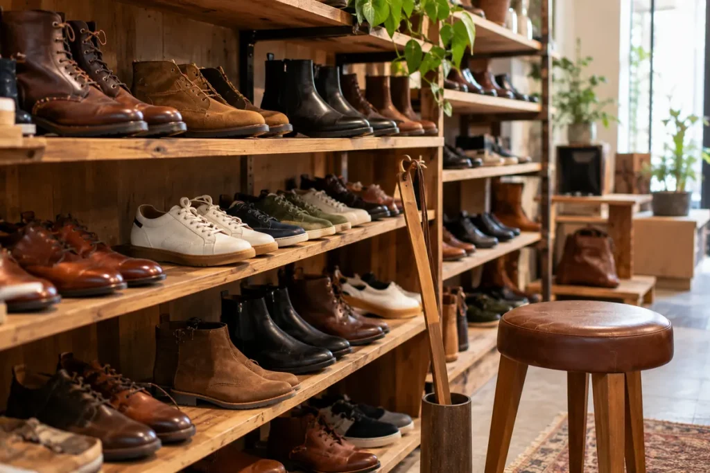 Magasin de chaussures – bottines, derbies et baskets en rayon