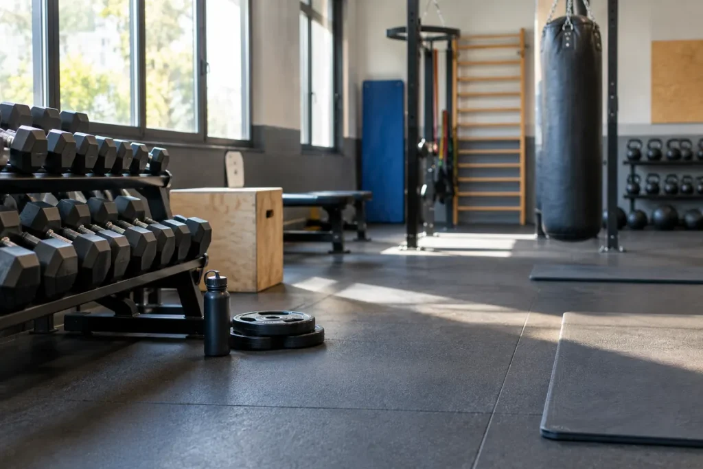 Club de sport – haltères, sac de frappe et tapis