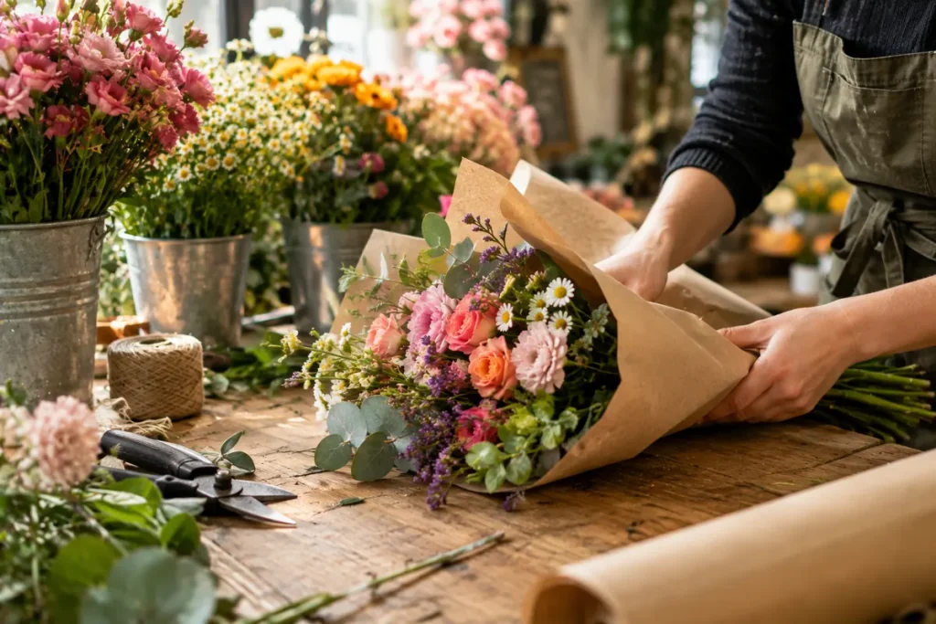 Fleuriste – bouquet de fleurs emballé dans du papier kraft