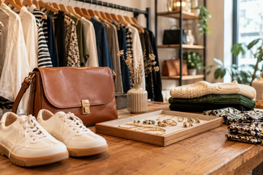 Mode et accessoires – sac en cuir, baskets et bijoux