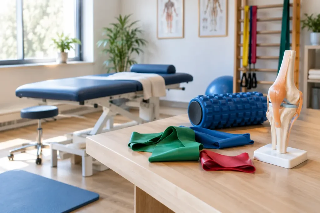 Kinésithérapeute – table de soin, bandes élastiques et rouleau