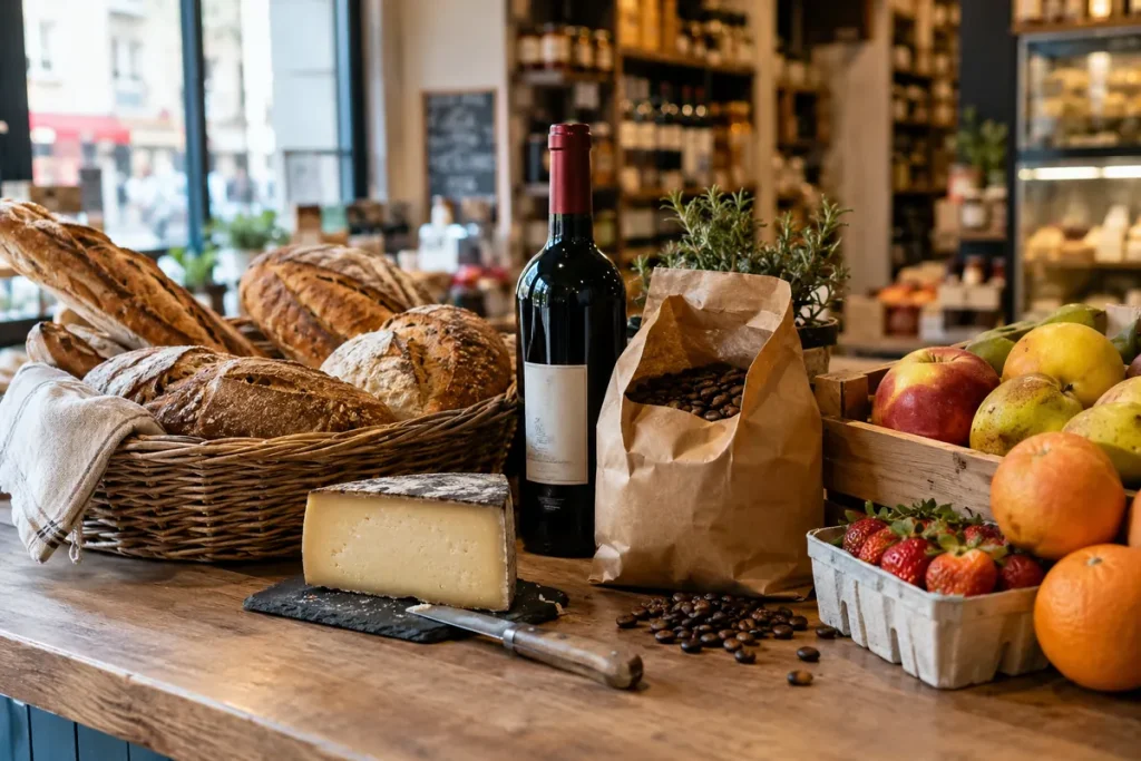 Commerces alimentaires – pain, fromage, vin, café et fruits sur un comptoir