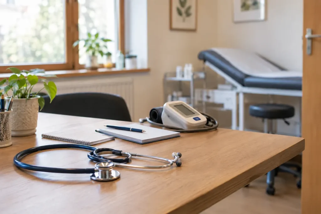 Médecin – bureau de consultation avec stéthoscope et tensiomètre