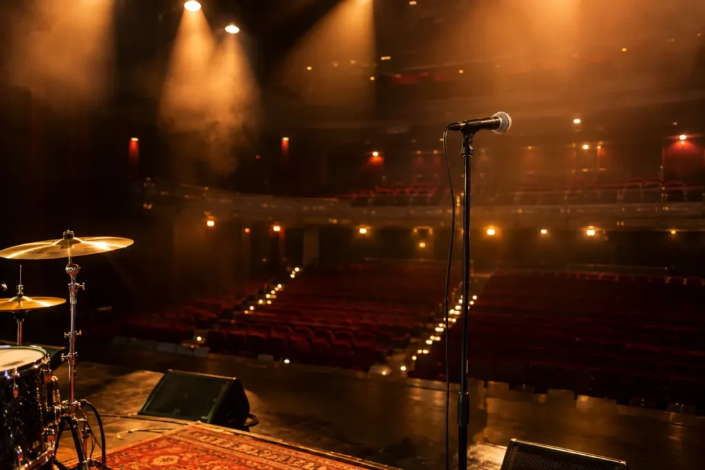 Salle de spectacle – scène de concert avec micro et projecteurs