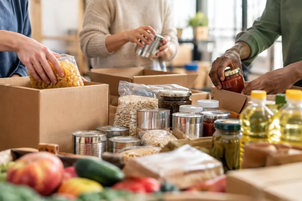 Accompagnement social – bénévoles préparant des colis alimentaires
