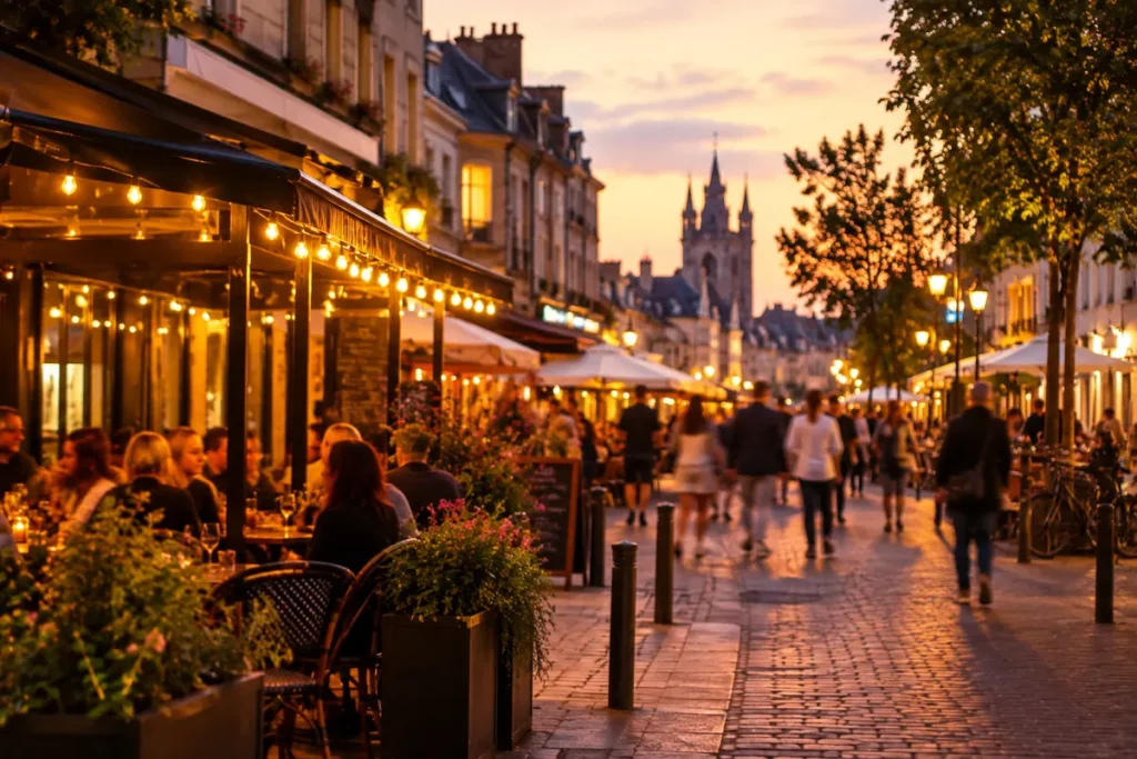 Sortir et s’amuser – rue piétonne animée avec terrasses en soirée
