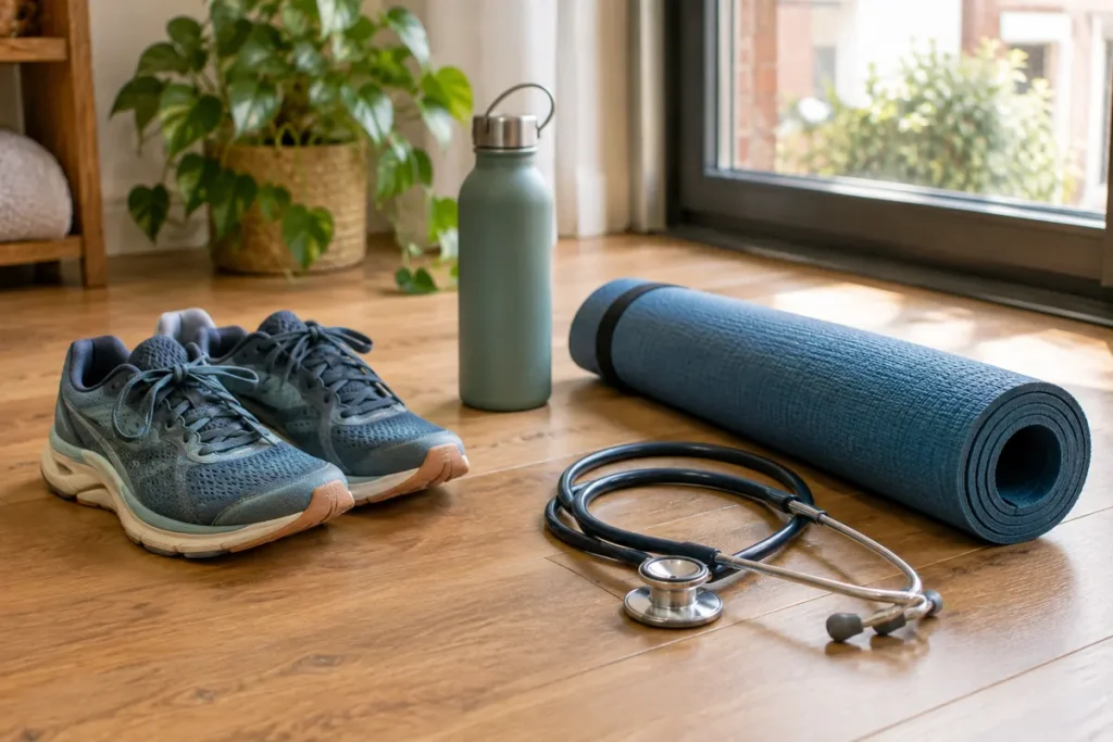 Sport et santé – baskets, tapis de yoga et stéthoscope