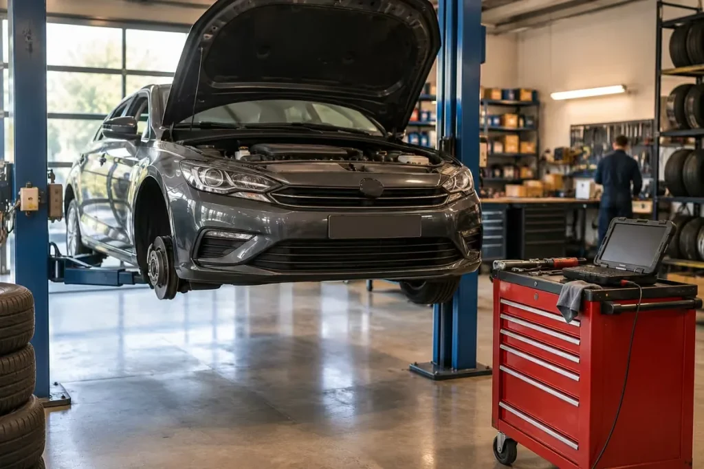Garage automobile : voiture sur pont élévateur dans un atelier d'entretien et de réparation