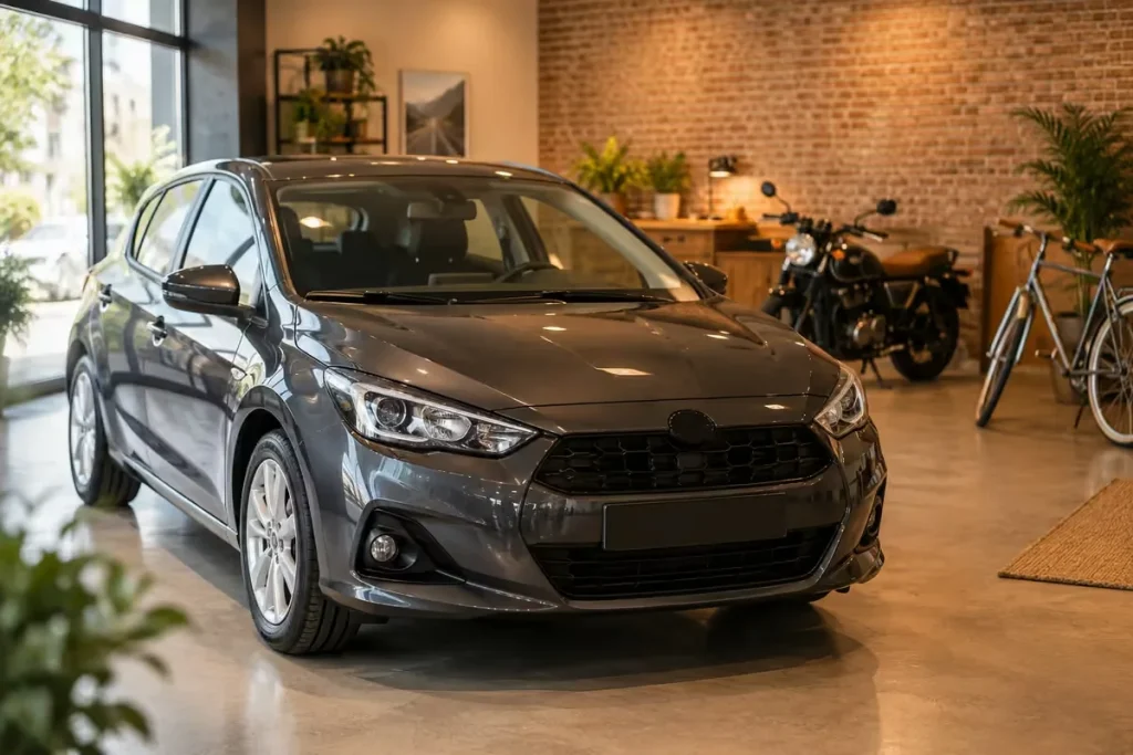 Véhicules d'occasion : voiture, moto et vélo exposés dans un showroom